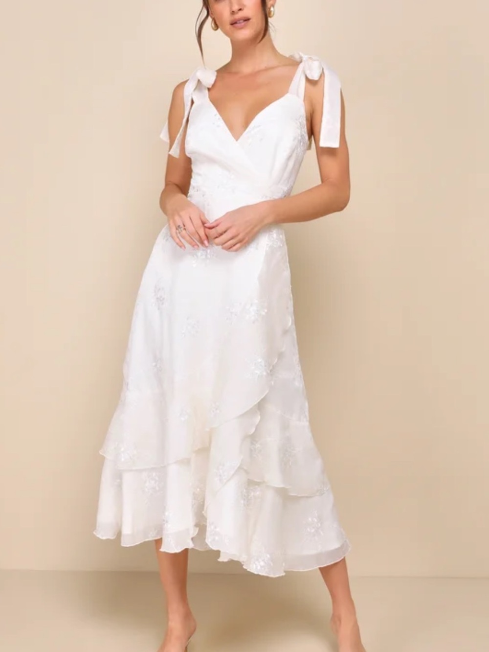 White Tie-Shoulder Midi Dress